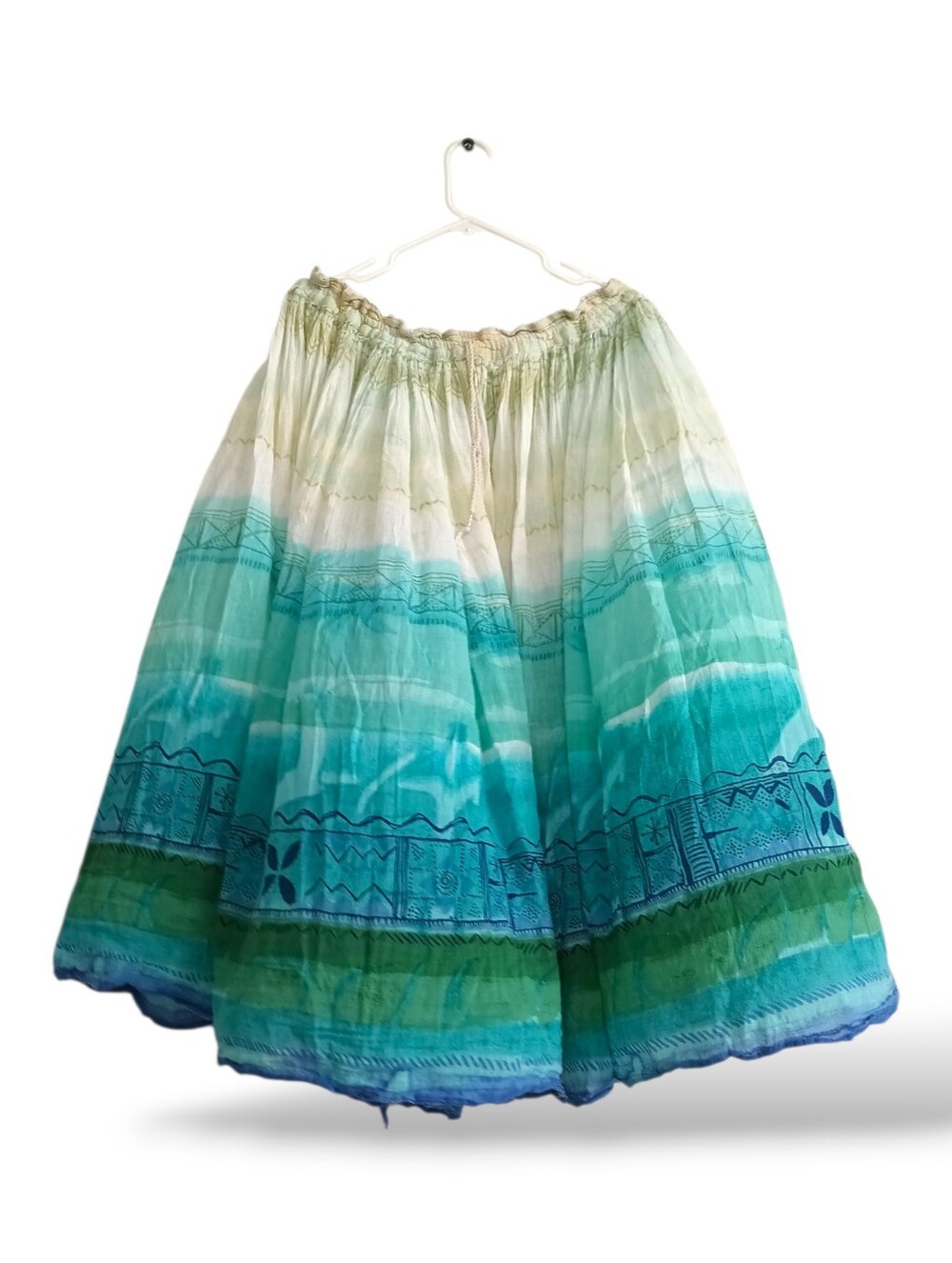 Silver Stream Tiered Ombre Full Skirt 100% Cotton Turquoise Aqua Blue Hippie OS